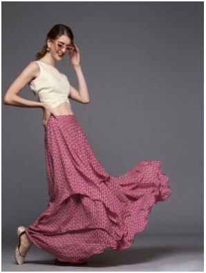 Magenta & Off White Printed Muslin Silk Lehenga